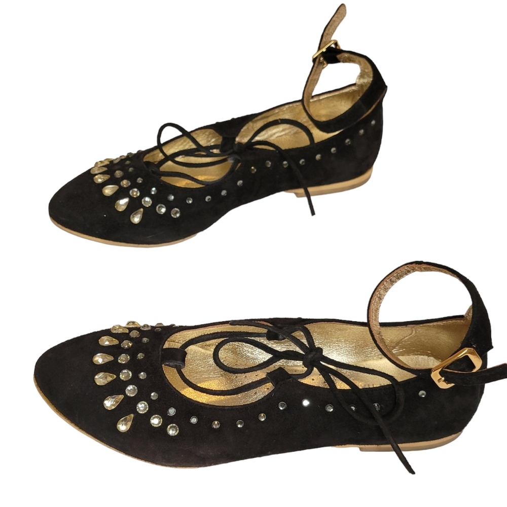 Monna Lisa Black Suede Ballerina Lace Up Camoscio Nero Size 34(US 3.5)